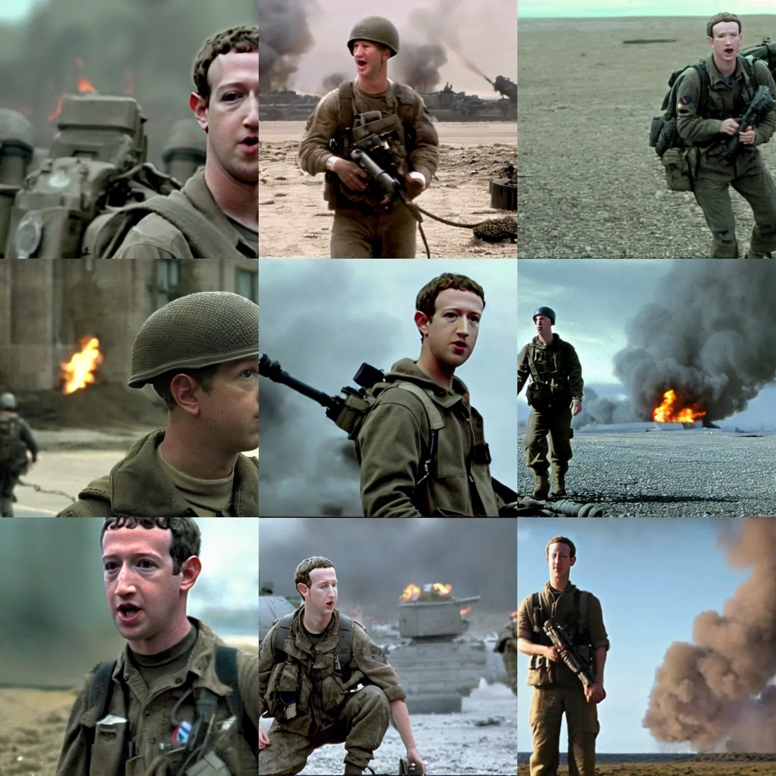 Prompt: Movie still of Mark Zuckerberg in Saving Private Ryan, establishing shot, opening scene, flamethrower