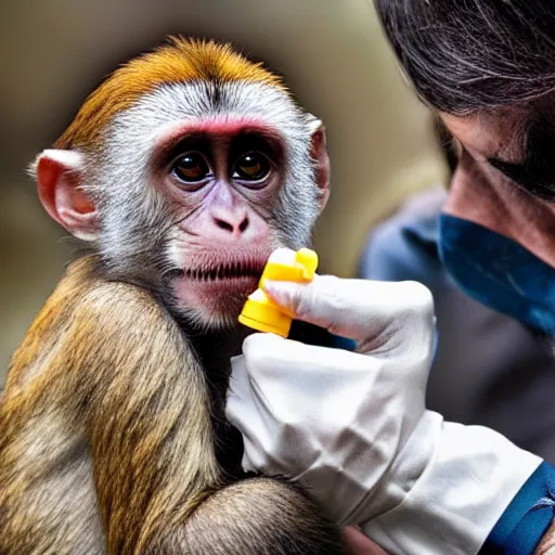 Image similar to a monkey giving human a vaccine shot, hyper realistic, 8k, National Geographic photo