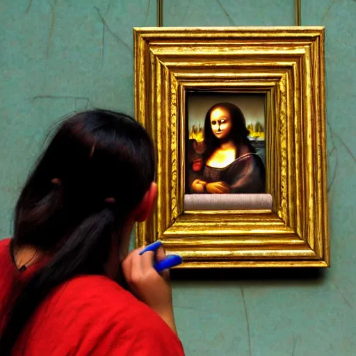 Prompt: drunk monkey drawing on mona lisa with crayons in the louvre, [ photoreal ]