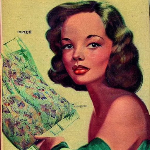 Image similar to “Sydney Sweeney portrait, color vintage magazine illustration 1950”