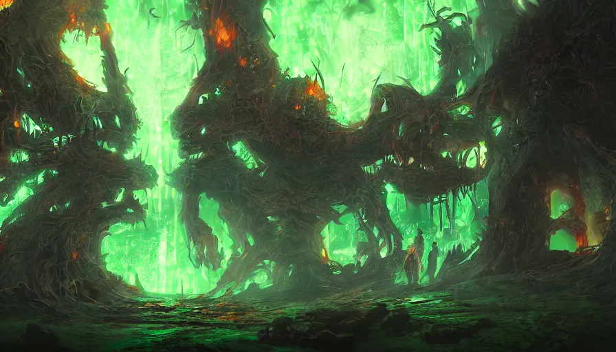 Prompt: Digital painting of Hell with green flames, a giant demon far behind and dead people walking around, hyperdetailed, artstation, cgsociety, 8k