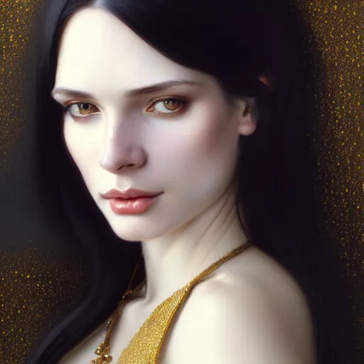 Image similar to Portrait of a beautiful pale skin Eastern European female with long black hair, dark eyes, elegant clothing, photorealistic, highly detailed, artstation, smooth, sharp focus, gold ornaments, neon lighting, sci-fi, art by Klimt, artgerm, Greg Rutkowski and Alphonse Mucha