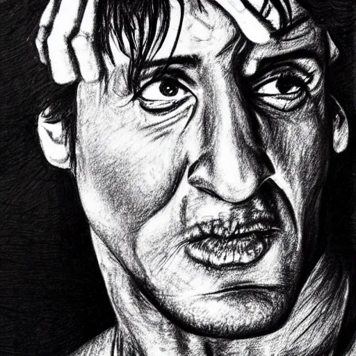 Prompt: a pencil sketch of Sylvester Stallone scratching his head