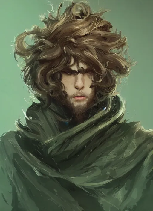 Image similar to a highly detailed illustration of young thick wavy messy haired guy wearing mechanical green face mask and brown noir coat, dramatic bored expression, intricate, elegant, highly detailed, centered, digital painting, artstation, concept art, smooth, sharp focus, league of legends concept art, wlop