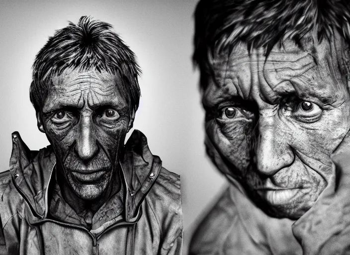 Image similar to hyper detailed portrait of starving homless man dslr by don mccullin, unreal engine 5, lumen, nanite