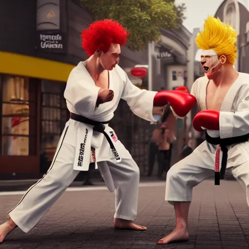 Image similar to ronald macdonald fights, colonel sanders, hyper real, 8 k, octane render, vivid, bright, photo realistic, martial arts, city street