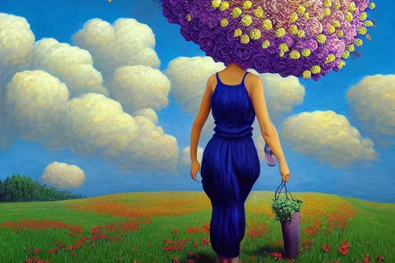 Image similar to giant flower head, woman walking, surreal, clouds in sky, impressionist painting, digital painting, artstation, rob gonsalves