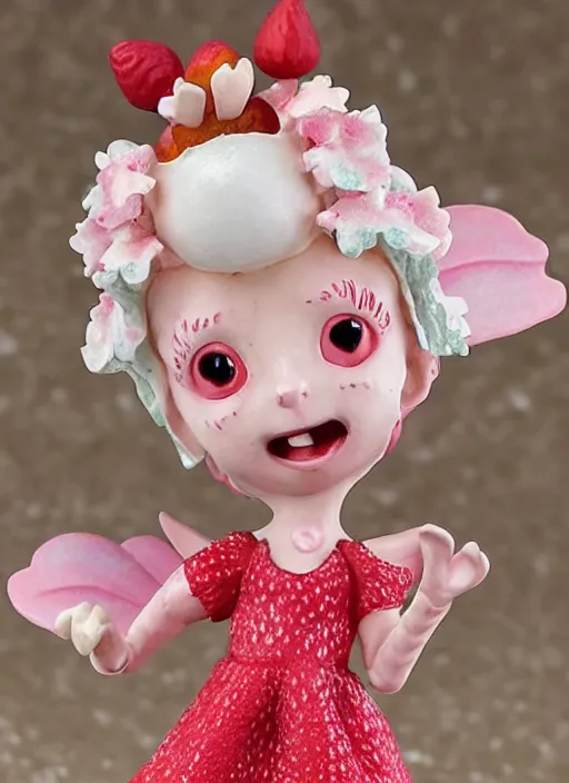 Prompt: a wholesome femo figurine of a cute funny strawberry fairy with freckles wearing a frilly floral strawberry dress featured on silent hill by studio ghibly and disney made of strawberry jam jar, pastels, wide angle, dynamic dancing pose, 🎀 🍓 🧚