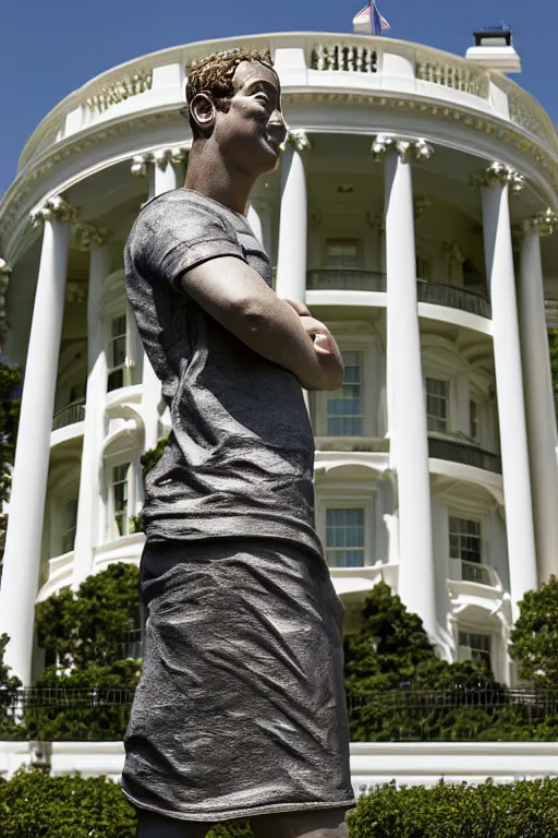 Prompt: A beautiful gold stone statue of Mark Zuckerberg in front of White House, photo by Steve McCurry, heroic pose, detailed, smooth, smiling, professional photographer