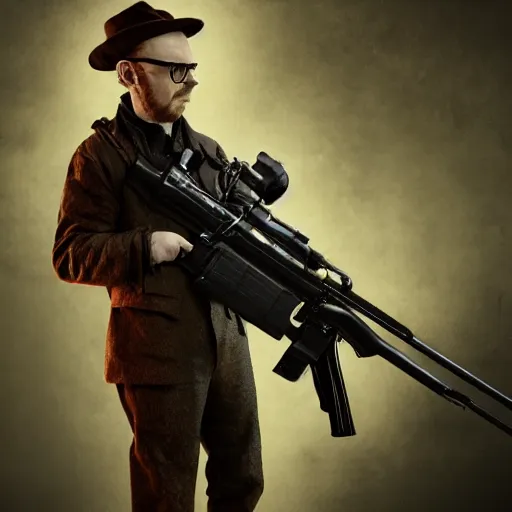 Image similar to simon pegg with winchester - rifle portrait, horror core, apocalyptic, sharp focus, fiction, hyper detailed, digital art, trending in artstation, cinematic lighting, studio quality, smooth render, unreal engine 5 rendered, octane rendered, art style and nixeu and wlop and krenz cushart