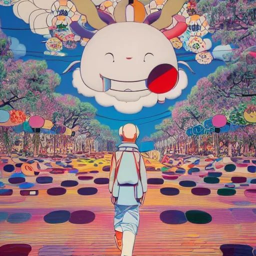 Image similar to a man walking on clouds away from the camera above kyoto by takashi murakami, beeple and james jean, aya takano color style, 4 k, super detailed, modern, 4 k, symmetrical