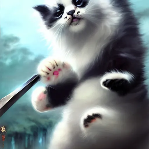 Image similar to cute kitten with panda body and cat face, in a kimono, holds a sword, artwork by greg rutkowski, highly detailed, matte painting, magic the gathering 4 k