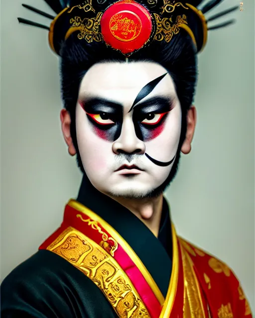 Prompt: photo of a Dramatic Peking Opera male character wearing elaborate makeup with Hindi script words painted on face in the style of stefan kostic, realistic, sharp focus, symmetric, 8k high definition, insanely detailed, intricate, elegant, art by stanley lau and artgerm, William-Adolphe Bouguereau