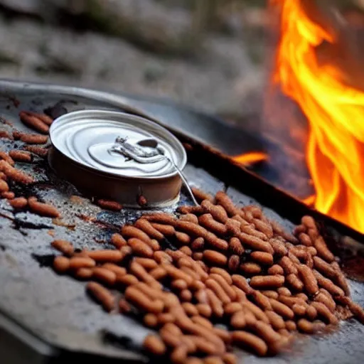 Prompt: very angry can of bush's baked beans combusts in a hellish blaze