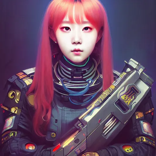 Prompt: portrait painting of chuu kpop as a cheerful smiling cyberpunk mercenary, ultra realistic, concept art, intricate details, eerie, highly detailed, photorealistic, octane render, 8 k, unreal engine. art by artgerm and greg rutkowski and magali villeneuve and alphonse mucha