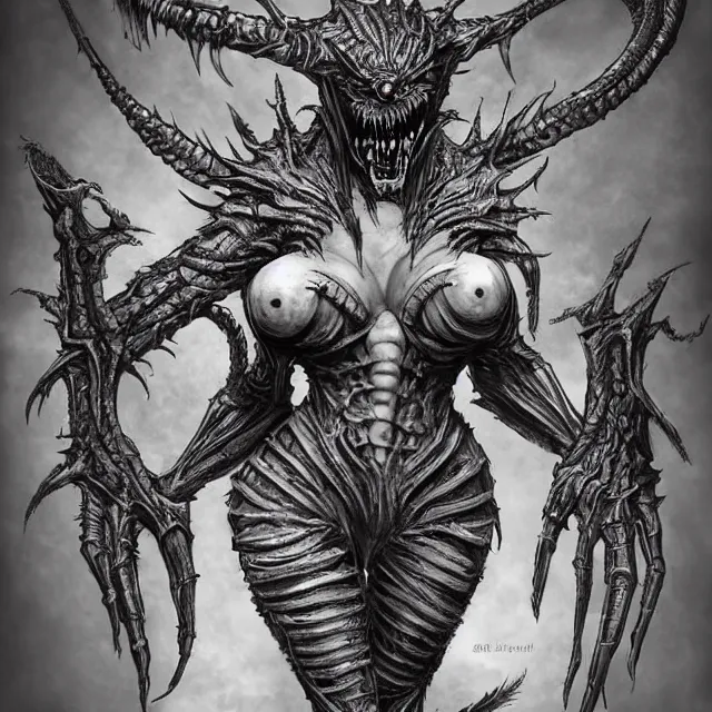 Image similar to an female humanoid a fusion of a dragon, a kaiju, and a deathclaw dressed like a punk in the style of leonard boyarsky in the style of h. r. giger in the style of frank frazetta trending on artstation deviantart pinterest detailed hyper detailed photorealistic hd 8 k post - processing high resolution