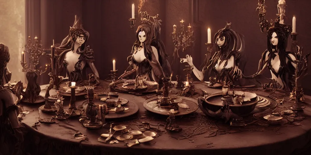 Image similar to dark witches sitting at a table doing a ritual. Ornate details, award winning. Octane render, 4k, 8k, unreal 5, very detailed, hyper control-realism, trending on artstation.”