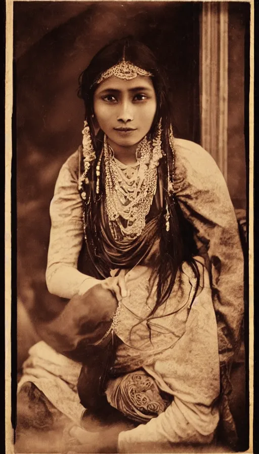 Prompt: vintage portrait photo of a beautiful beautifully lit nepalese Victorian woman with light coming from a side window by alphonse mucha and annie leibovitz