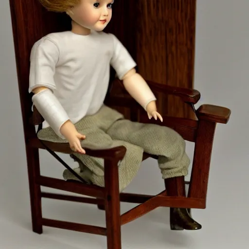 Image similar to Porcelain doll Ryan gosling sits on a rocking chair, realism, proportions,