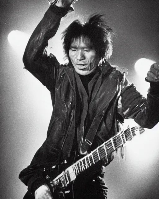 Prompt: sixty years old viktor tsoi with guitar in his hands, leather jacket, photo, microphone, rock concert, black and white, iso 9 0 0, 3 5 mm, kodak gold