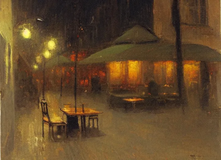 Prompt: the melancholy of sitting alone at a cafe at night in the style of Australian tonalism