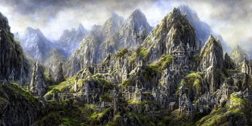 Image similar to an elven city built into the side of a mountain, pristine, by alan lee, lord of the rings, smooth, detailed terrain, oil painting, extremely detailed matte painting, trending on artstation