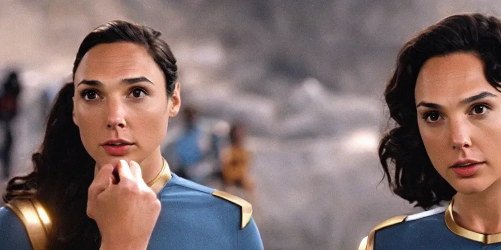 Prompt: Gal Gadot, in Starfleet uniform, in the role of Captain Kirk in a scene from Star Trek the original series, Tribble episode