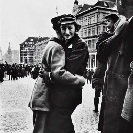 Prompt: Anne Frank hugging Hitler on Dam Square, war photography,