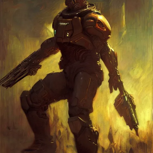 Image similar to Leonardo Dicaprio Doom Slayer, by gaston bussiere, craig mullins, Simon Bisley