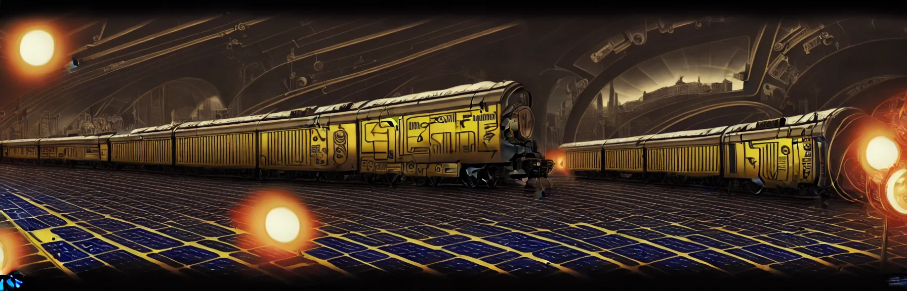 Image similar to solar - punk war train, vacuum tube - punk, electron tube - punk. 8 k resolution concept art hyperdetailed trending on artstation unreal engine hyperrealism art. baroque elements. intricate artwork by caravaggio