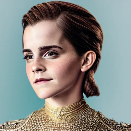 Prompt: a regal emma watson wearing an intricate and detailed armor made of ocean waves. layers. textures. delicate. elaborate. translucent. soft. ethereal. fragile. vulnerable. studio portrait. photorealistic. octane render