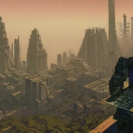 Image similar to mayan cyberpunk city in the center of redwood forest, viewed from a distance, shadow of the colossus screenshot by j. c. leyendecker, simon stalenhag, studio ghibli, and beksinski