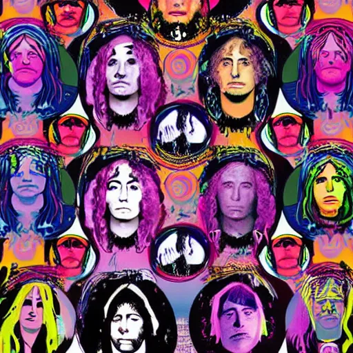 Prompt: a psychedelic portrait featuring the faces of the 2 7 club