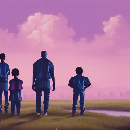 Prompt: A painting of Kanye West and his family looking on at the horizon, afrofuturism, Simon Stalenhag, 8K concept art, purple skies, intricate details, minimal artifacting