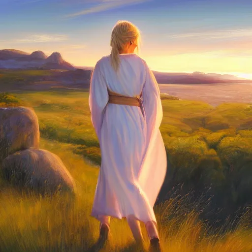 Image similar to blonde female jedi, Swedish countryside, landscape view, archipelago, freedom, dawn, sunrise, beautiful, by Vladimir Volegov, artstation