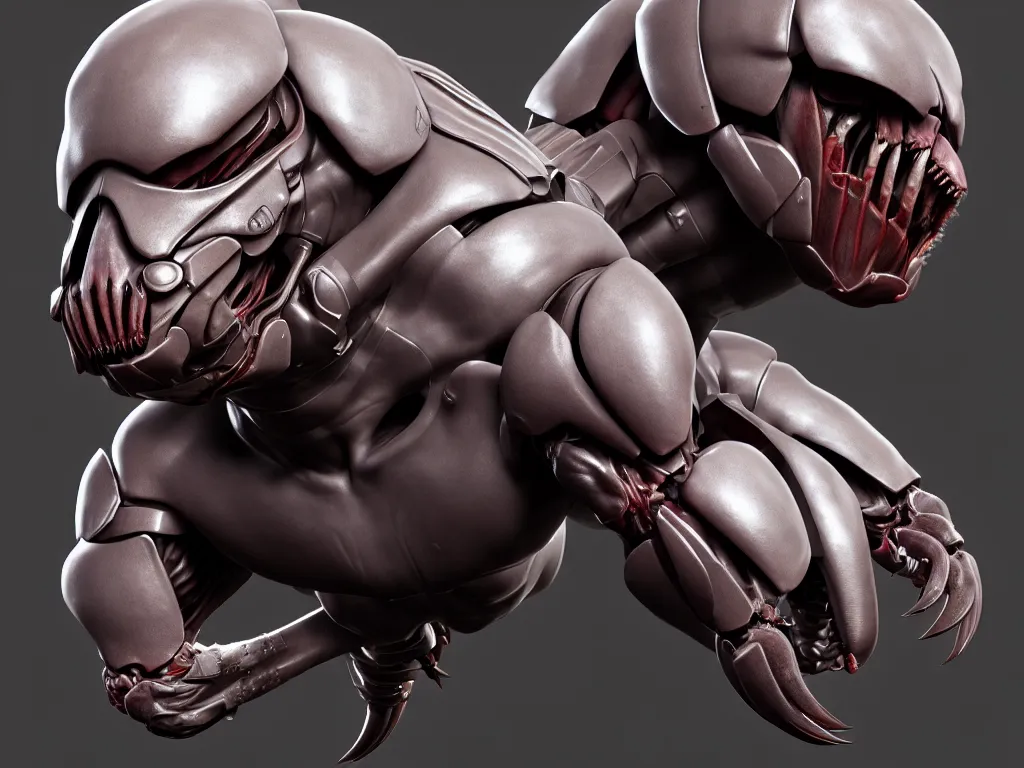 Image similar to game concept art, muscular, exoskeleton, chiroptera head, isopod, hyperrealism, fine detail, artstation, cgsociety, zbrush, no background