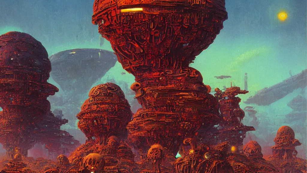 Image similar to ancient alien relics on a strange eerie alien planet by Paul Lehr and Bruce Pennington