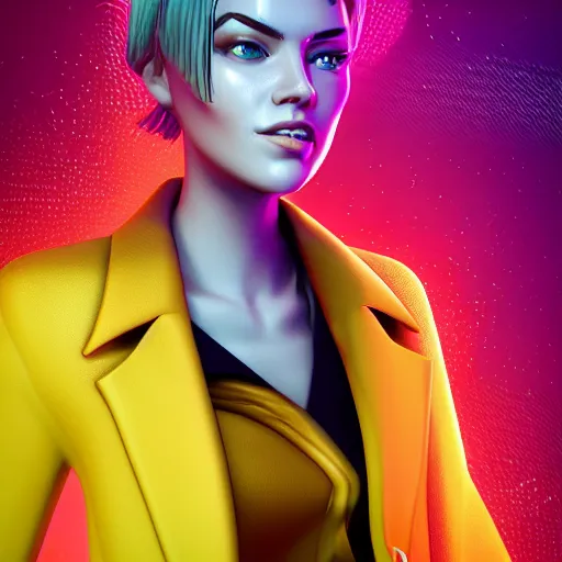 Image similar to stylish woman cartoon portrait made out of rain, pinstripe suit, short blond hair, galactic background, rendered in octane, unreal engine, highly detailed, trending on artstation, realistic, splashes of neon, beautiful