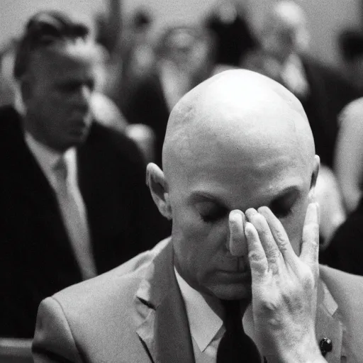 Image similar to 3 5 mm photograph of a bald donald trump praying at church on sunday