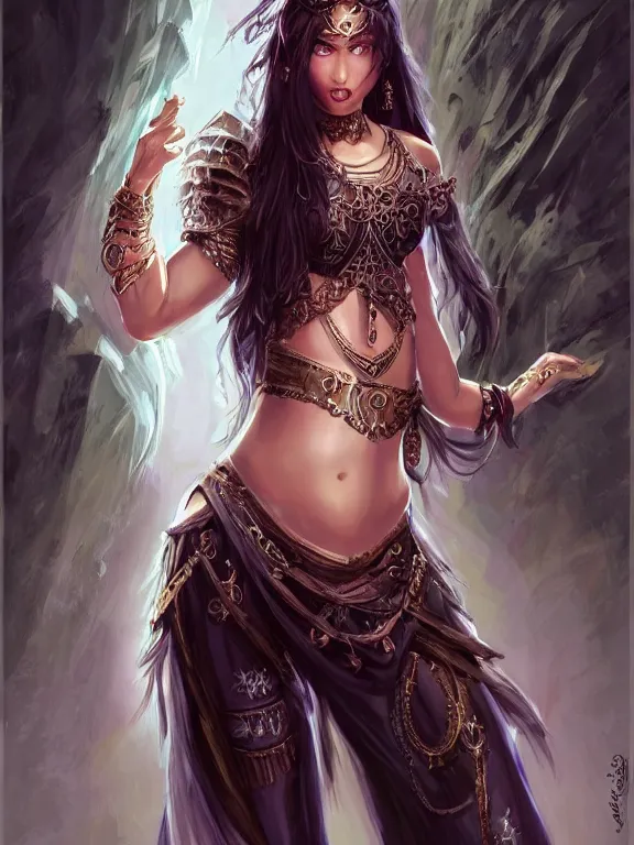 Prompt: picture of gorgeous combat belly dancer, dark skin, symmetrical face, midriff, sarouel pants, sandals, elegant, silver decoration, dnd, high fantasy, matte digital illustration, by rossdraws, ralph horsley, pixiv