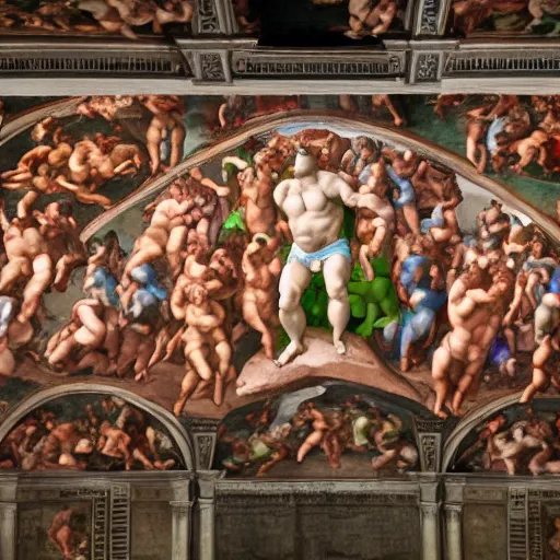 Prompt: The Sistine chapel by Michelangelo but it’s shrek, 8k