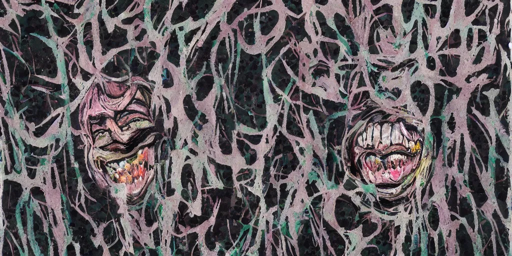 Image similar to camo made of teeth, smiling, abstract, francis bacon artwork, fortnite, cryptic, dots, stipple, lines, splotch, color tearing, pitch bending, faceless people, dark, ominious, eerie, minimal, points, technical, old painting