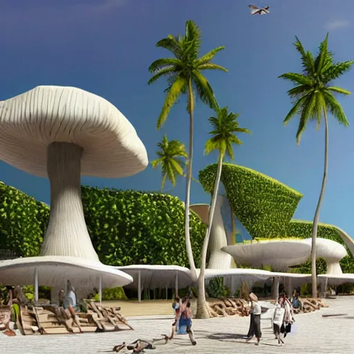 Image similar to architectural renderings, a seaside visitor center consisting of three mushroom - shaped buildings on the blue sea with tall coconut trees ， detailed