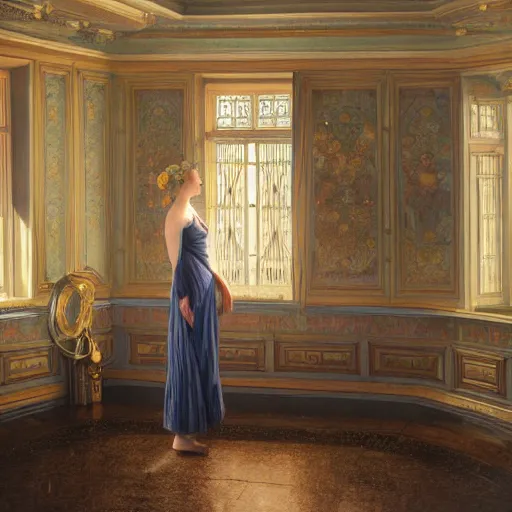 Prompt: a very detailed portrait painting of Vesper Lynd, a very detailed french room, a very detailed dramatic sky, light particles, environment drawn by Donato Giancola and Tom Bagshaw, Edmund Leighton, character design by Alphonse Mucha, 4k, volumetric lighting, komorebi, award winning, octane render, hyperrealistic