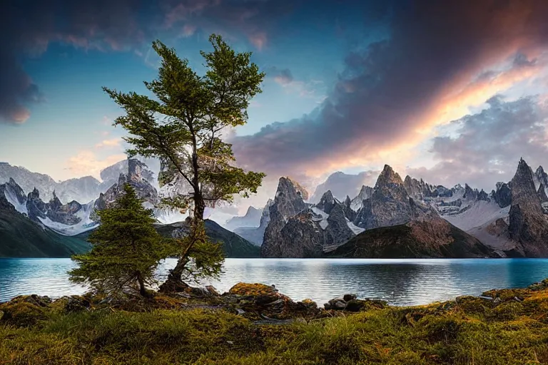 Image similar to photograph of mountains with a lake in front of them, trees on the side, rocks in foreground by marc adamus