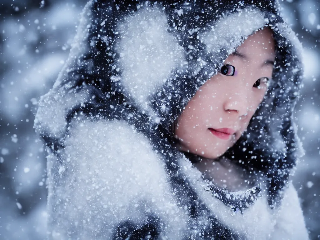 Image similar to the piercing stare of yuki onna, snowstorm, blizzard, mountain snow, canon eos r 6, bokeh, outline glow, asymmetric unnatural beauty, little smile, billowing cape, blue skin, centered, rule of thirds