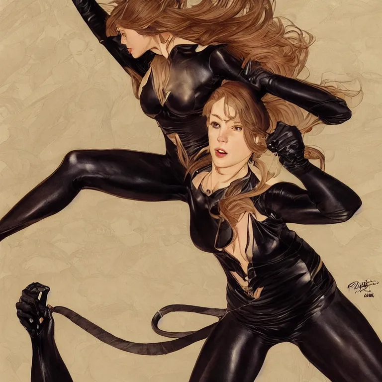 Image similar to Erin Moriarty as Cat Woman, highly detailed, digital painting, artstation, concept art, smooth, sharp focus, illustration, ArtStation, art by artgerm and greg rutkowski and alphonse mucha and J. C. Leyendecker and Edmund Blair Leighton and Katsuhiro Otomo and Geof Darrow and Phil hale and Ashley wood and Ilya repin and Charlie Bowater