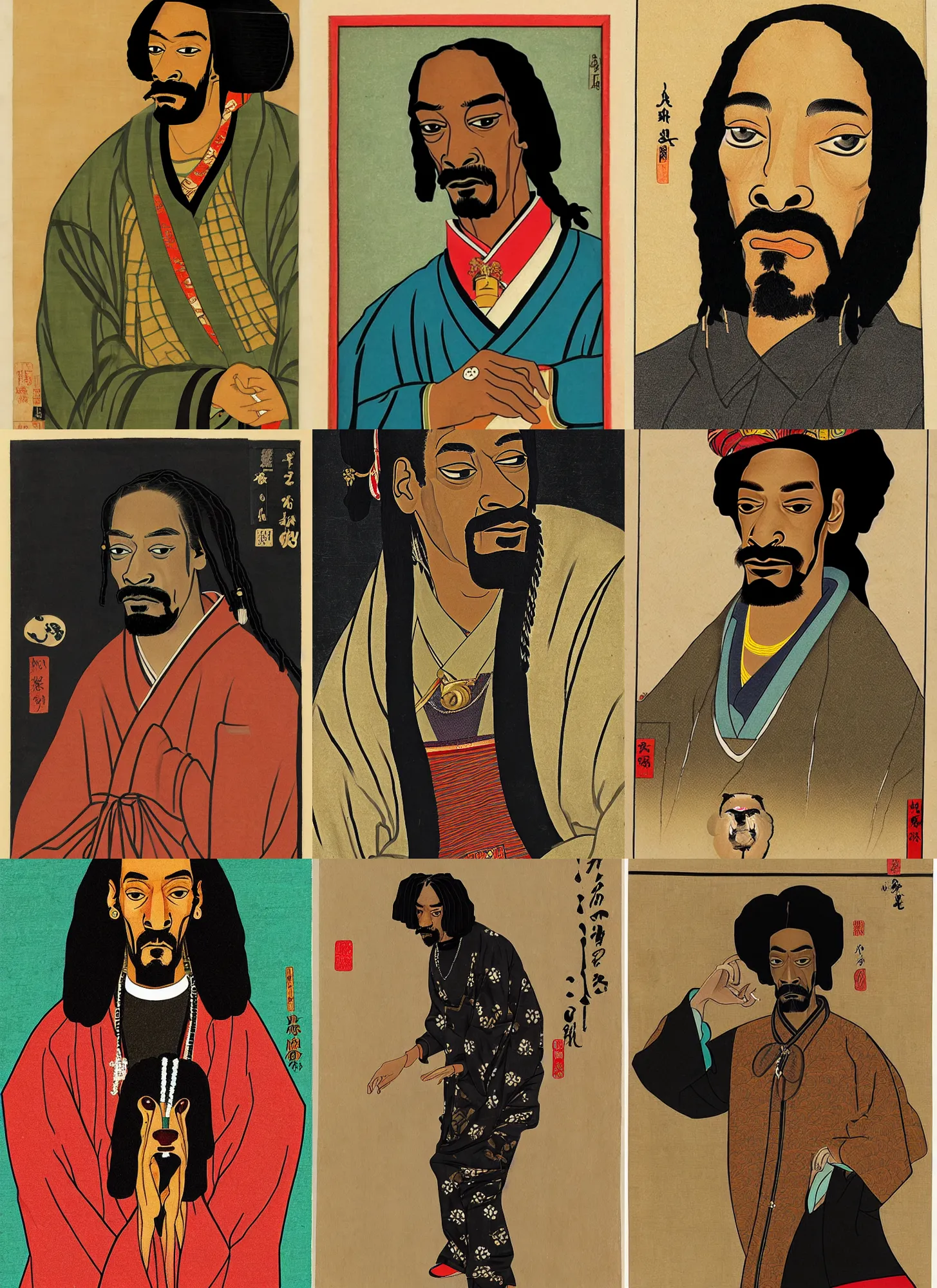 Prompt: a portrait of snoop dog. shin - hanga and utamaro.