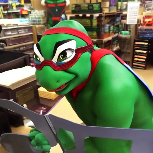 Prompt: Meeting an extraordinary NINJA TURTLE in the backroom of Sears