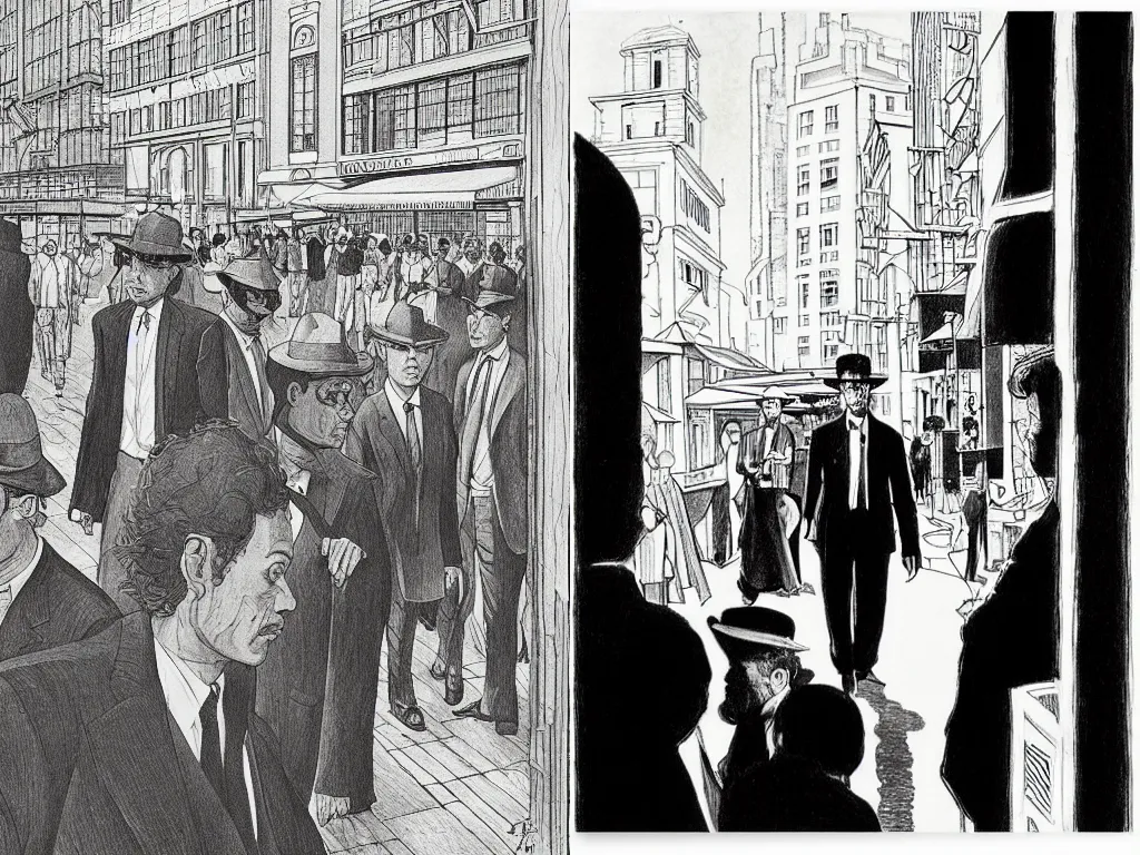 Prompt: glorious minimalist pen illustration by Jean Giraud, surrealist overhead close-up of curly headed tan man in suit walking through crowded downtown market by Edward Hopper, by Jean Giraud